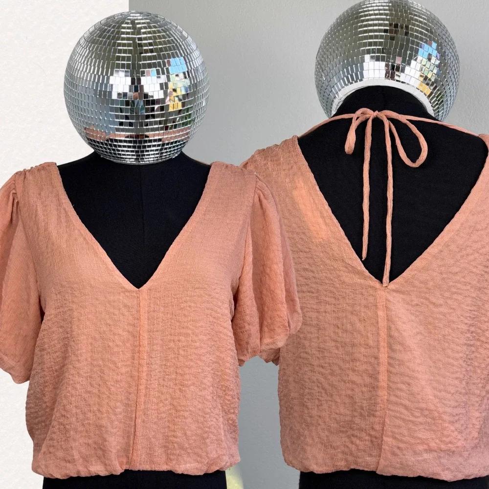 ASTR the Label | Dusty Rose V-Neck Puff Sleeve Tie Back Blouse XS, Romantic Airy